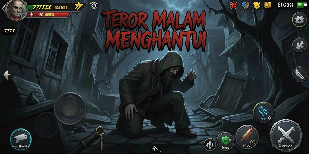 Screenshot gameplay 777ZX menampilkan suasana menyeramkan dan karakter menakutkan.