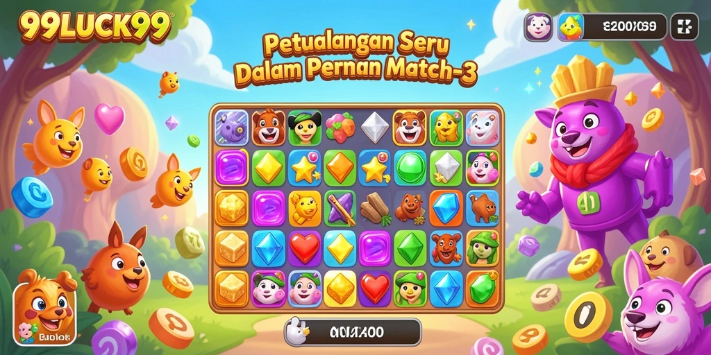 Screenshot gameplay Match-3 99LUCK99 yang seru dan penuh warna.