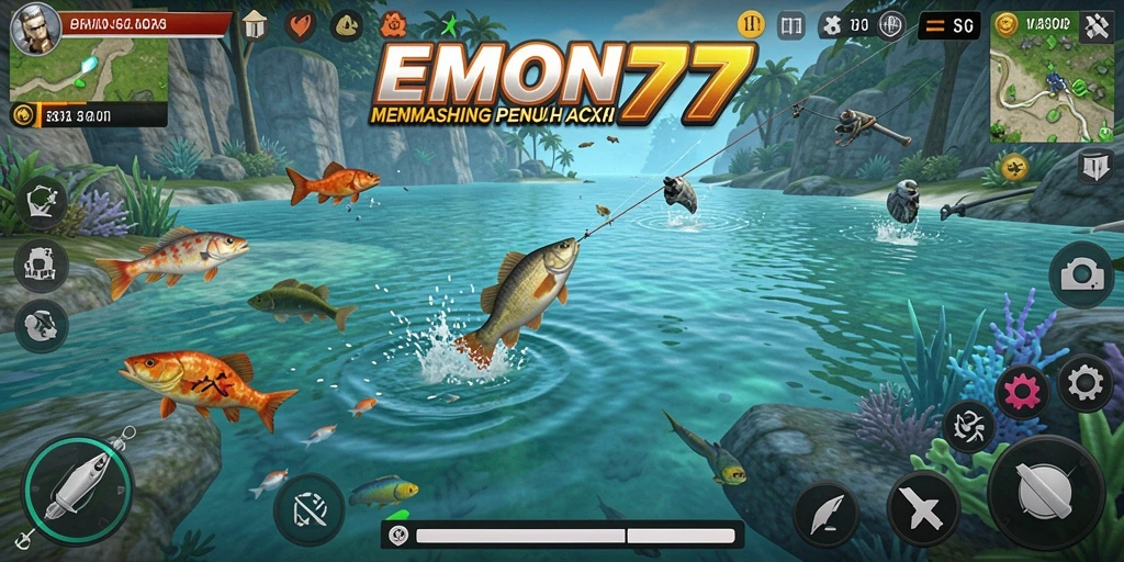 Tampilan gameplay memancing yang seru dan realistis di EMON77.