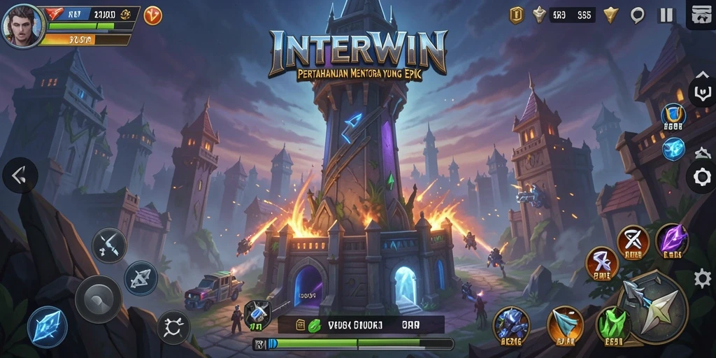 Tampilan gameplay <strong>INTERWIN</strong> yang menegangkan dalam pertahanan menara.