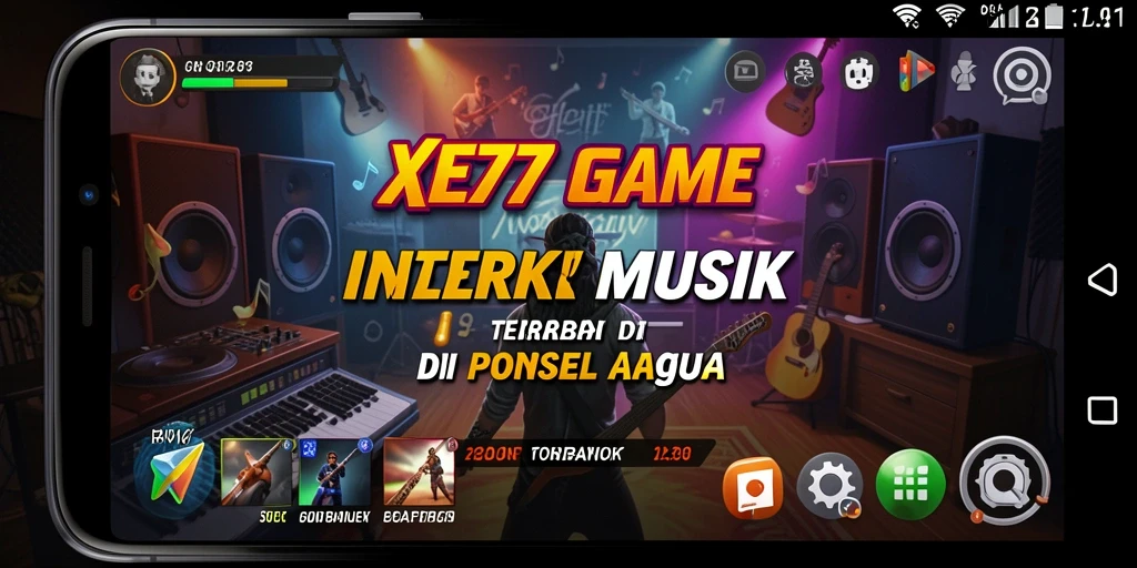 Screenshot gameplay menunjukkan pengguna berinteraksi dengan alat musik virtual di XE77.